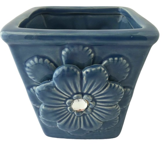 Blue Ceramic Planter Pot Glazed Raised Flower Faux Diamond Decorative Design - Picture 1 of 4